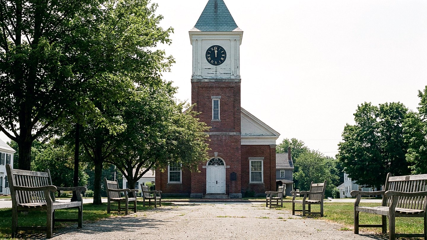 Illustration of a brick tower with a white clock face and Roman numerals above a small green lined with benches under summer trees