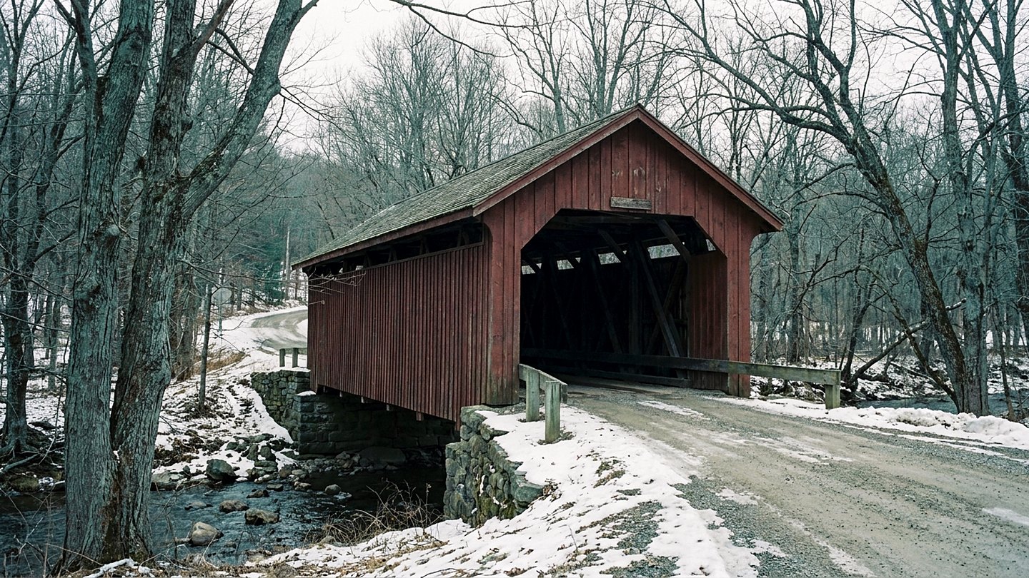 Illustration of a red covered bridge on a snowy back road, its dark opening showing the timber frame above a small stream