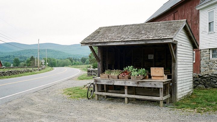 Illustration of a roadside farm stand with a shingled roof, holding crates of asparagus, rhubarb, and greens on a plank counter