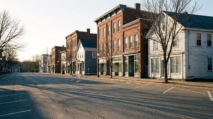 Illustration of a small town main street at first light, with brick and clapboard storefronts, bare trees, and empty angled parking