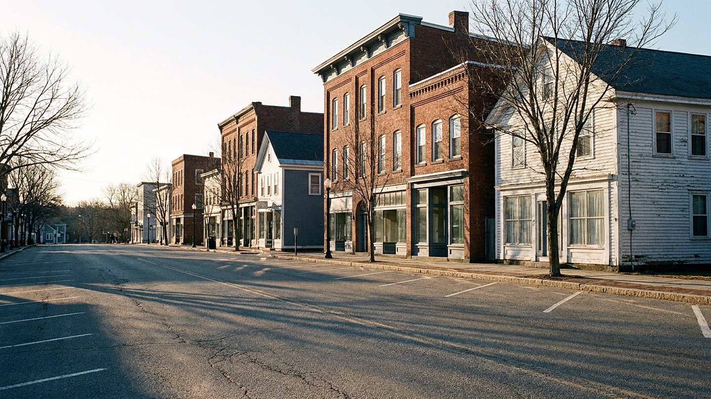 Illustration of a small town main street at first light, with brick and clapboard storefronts, bare trees, and empty angled parking