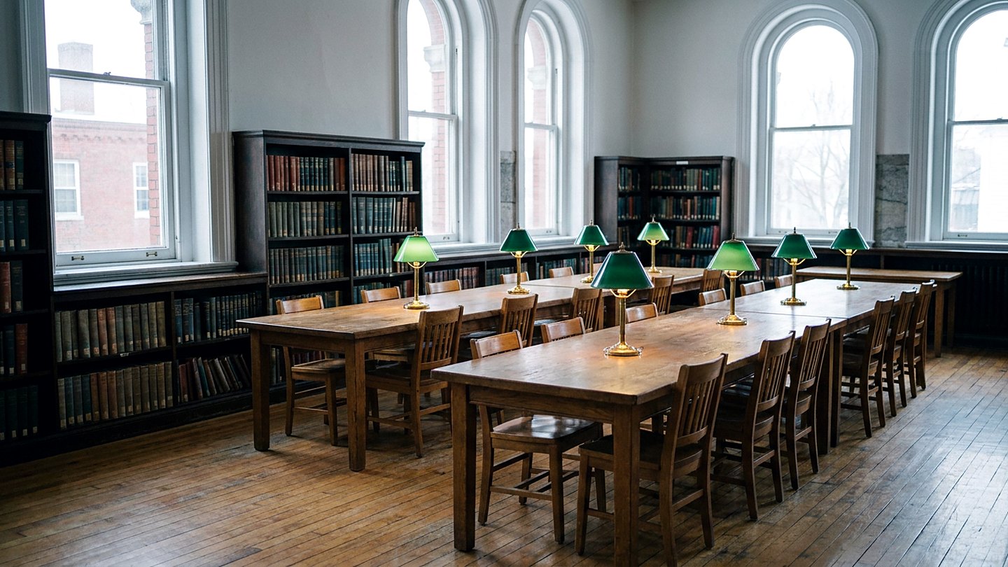 Illustration of a reading room with long wooden tables, lit green glass lamps, and tall arched windows above dark bookcases