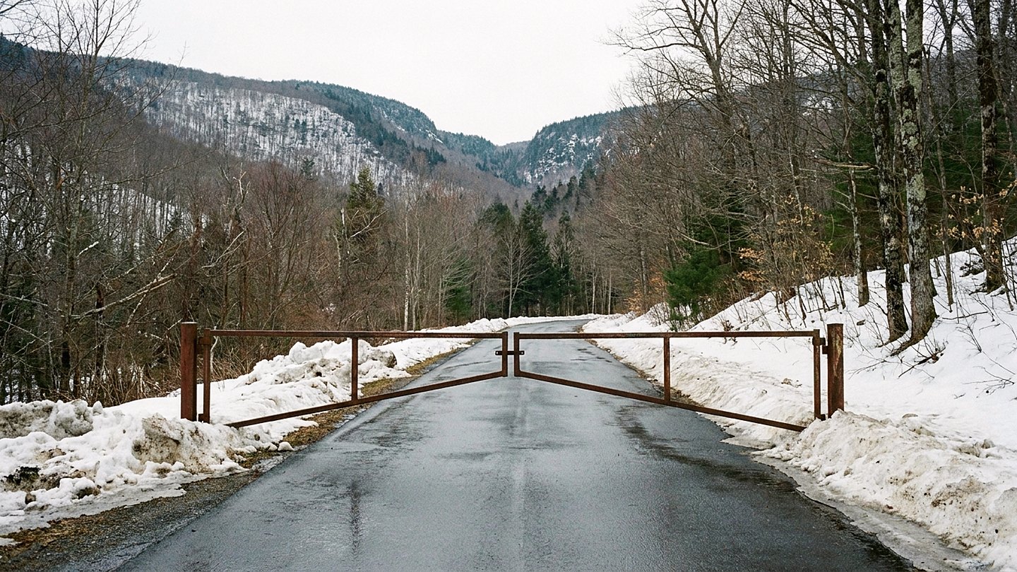 Illustration of a rusted gate closed across a wet mountain road, with snowbanks on both sides and a notch in the ridge beyond