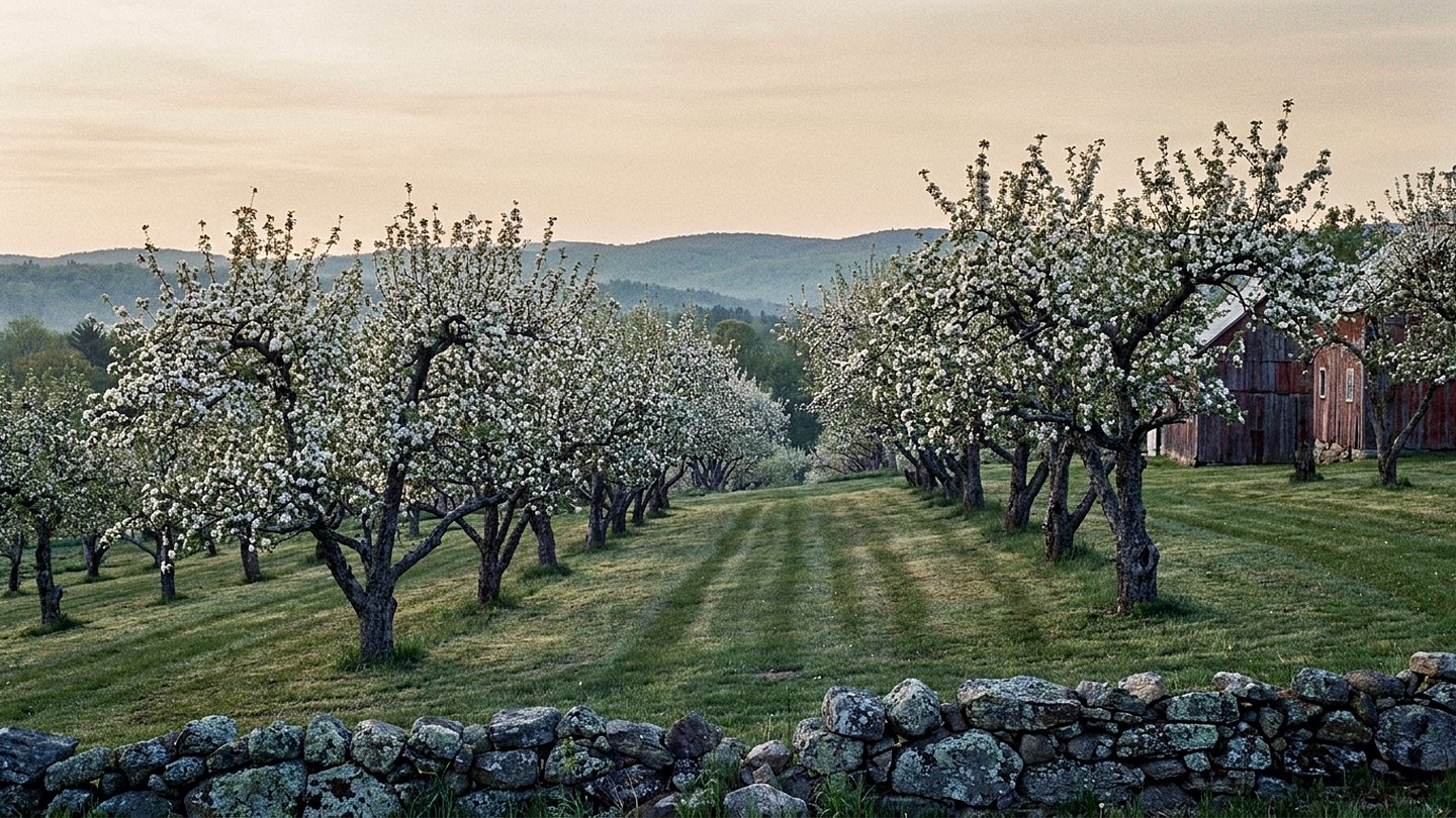 Illustration of apple trees in full white bloom above a mown orchard slope, with a dry stone wall in front and a red barn at the right
