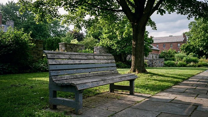 Illustration of a weathered wooden park seat on stone paving under a full summer canopy, with lawn and a brick building behind it