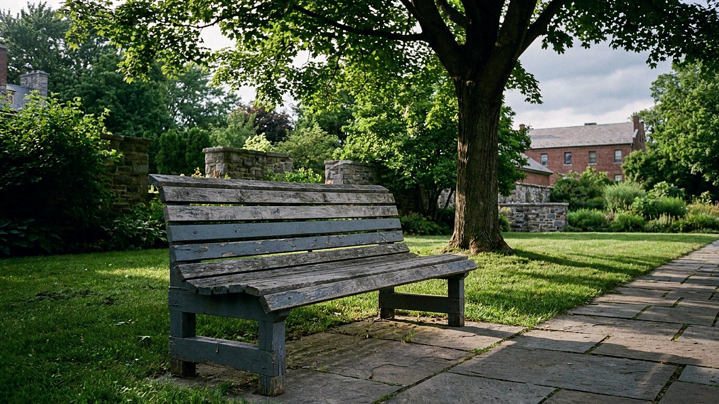 Illustration of a weathered wooden park seat on stone paving under a full summer canopy, with lawn and a brick building behind it